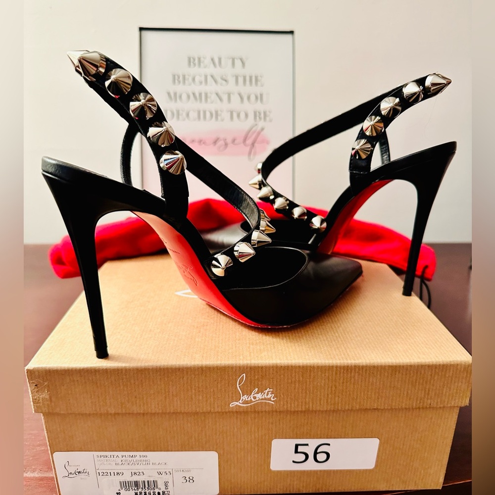 Christian Louboutin Spikita Pumps 100 Black with Silver Studs, Size 38